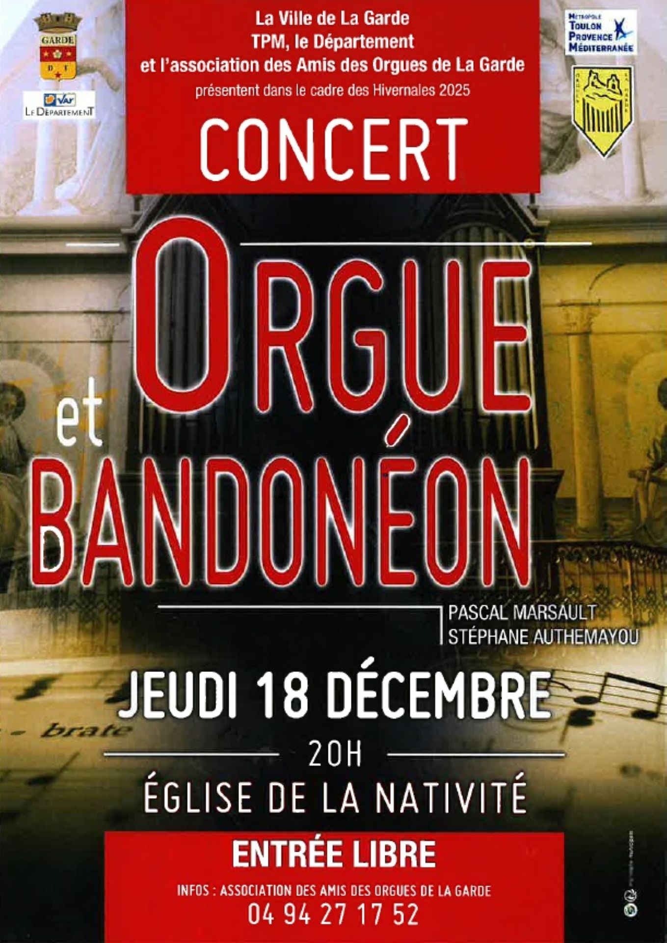 Concert : orgue et bandonéon. Association les Amis des Orgues_La Garde - Mairie de La Garde