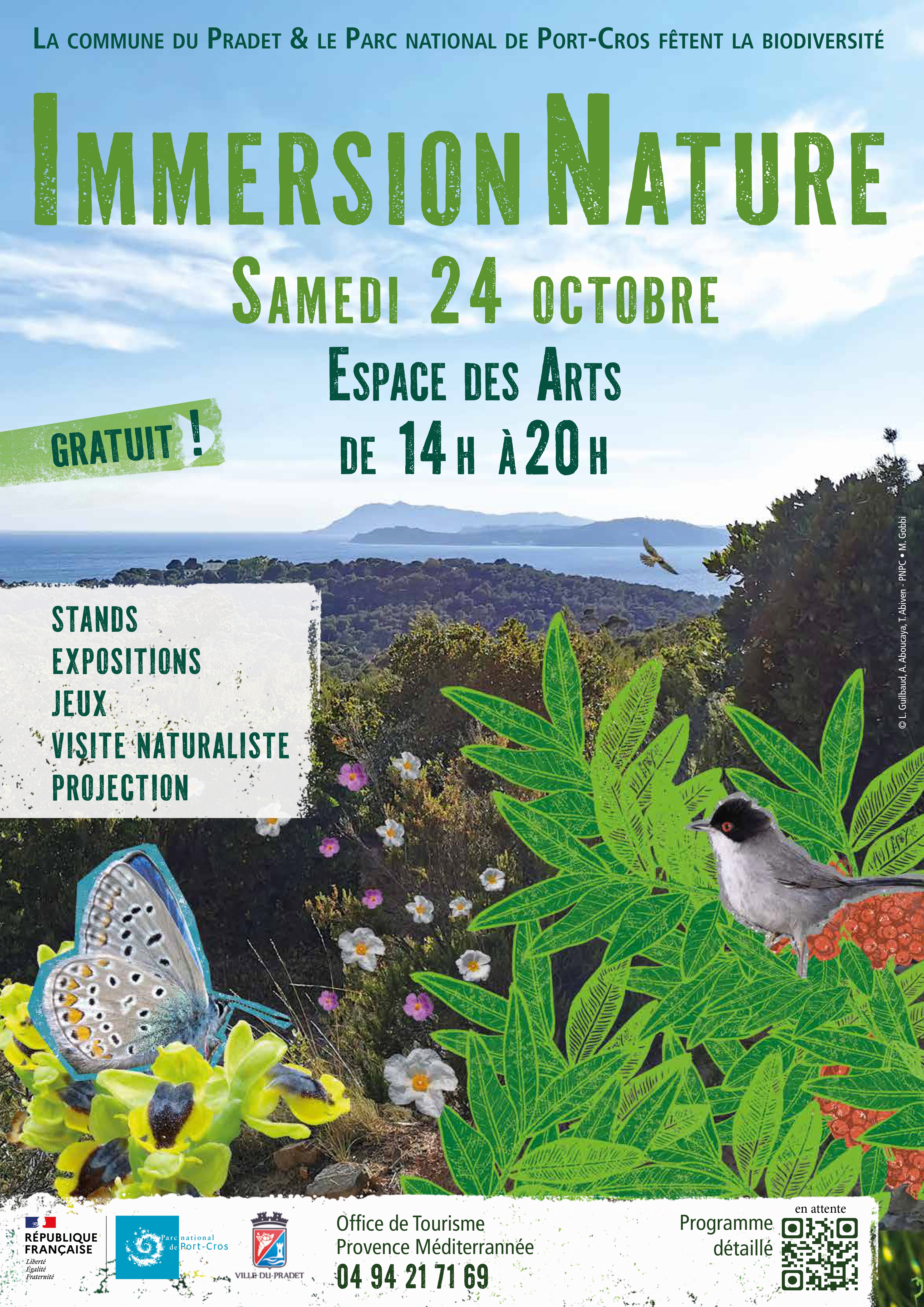 Affiche d'Immersion Nature - Conception graphique : Raïssa Xiberras ; Photo : L. Guilbaud, A. Aboucaya, T. Abiven.